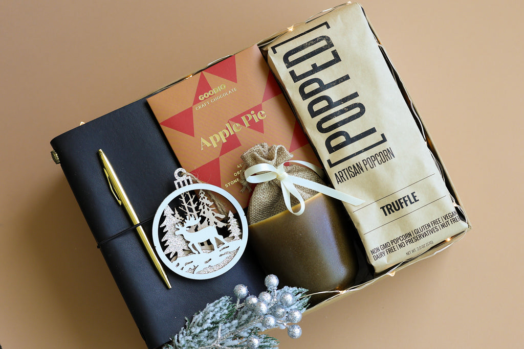 Luxury Corporate Gift Box with Leather Journal, Truffle Popcorn, and Holiday Ornament